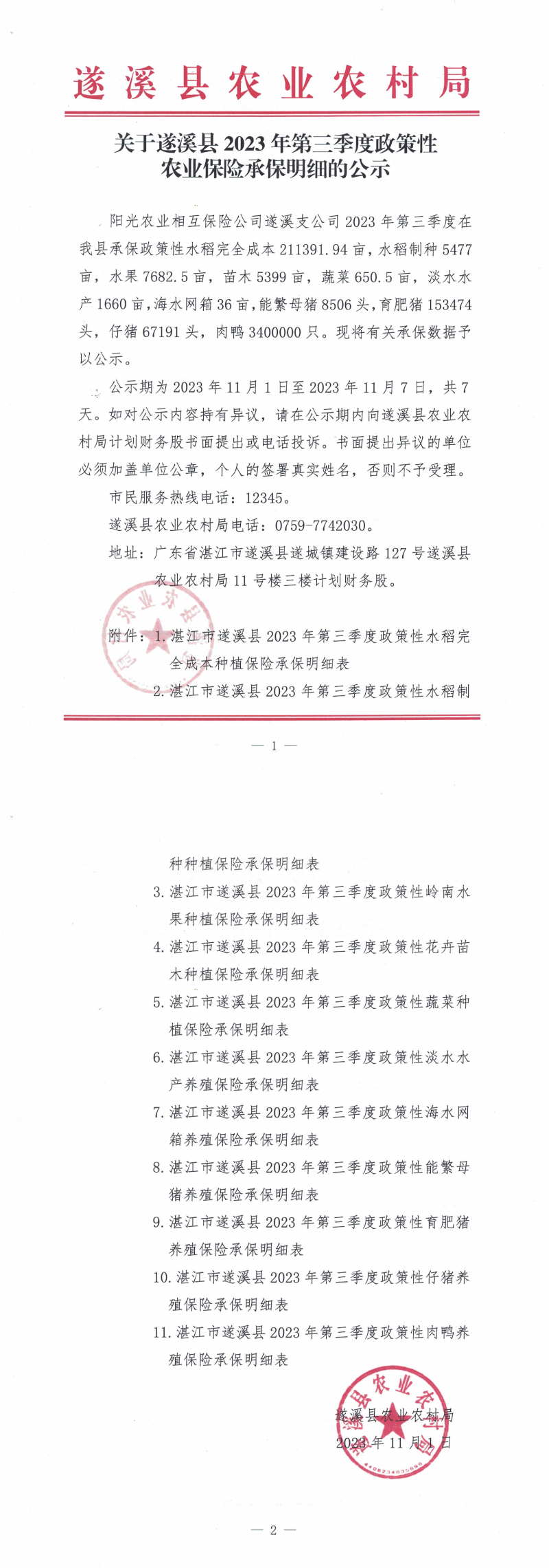 关于遂溪县2023年第三季度政策性农业保险承保明细的公示_00.png