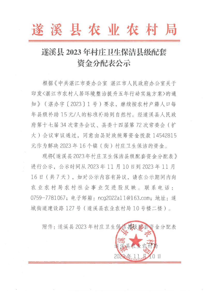 遂溪县2023年村庄卫生保洁县级配套资金分配表公示_00.png