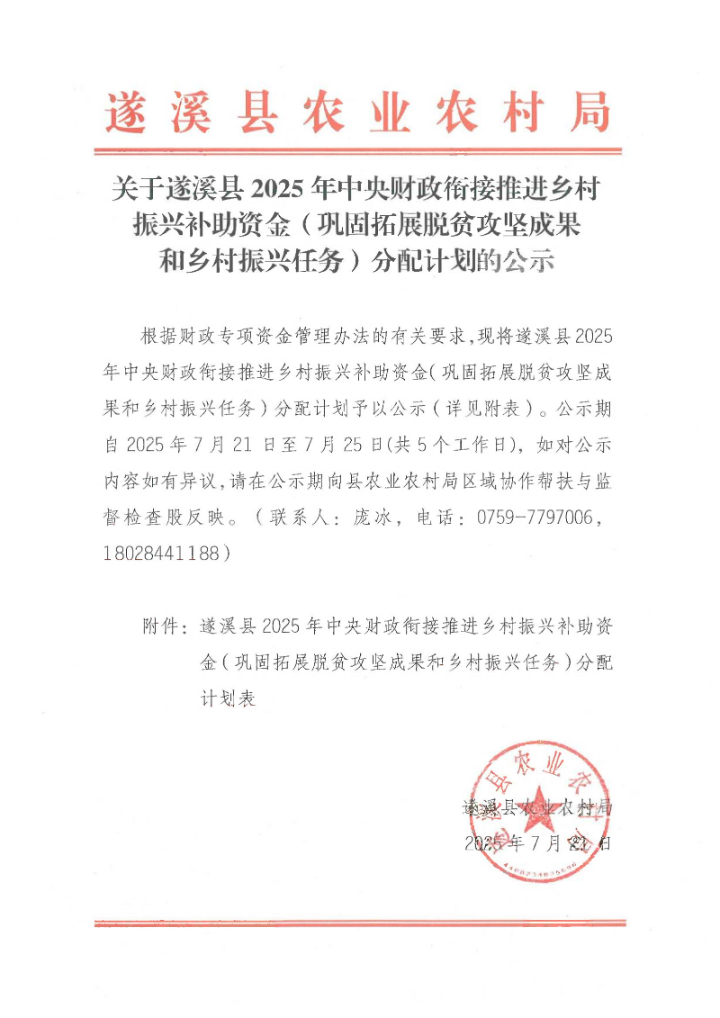 关于遂溪县2025年中央财政衔接推进乡村振兴补助资金（巩固拓展脱贫攻坚成果和乡村振兴任务）分配计划的公示_01.png